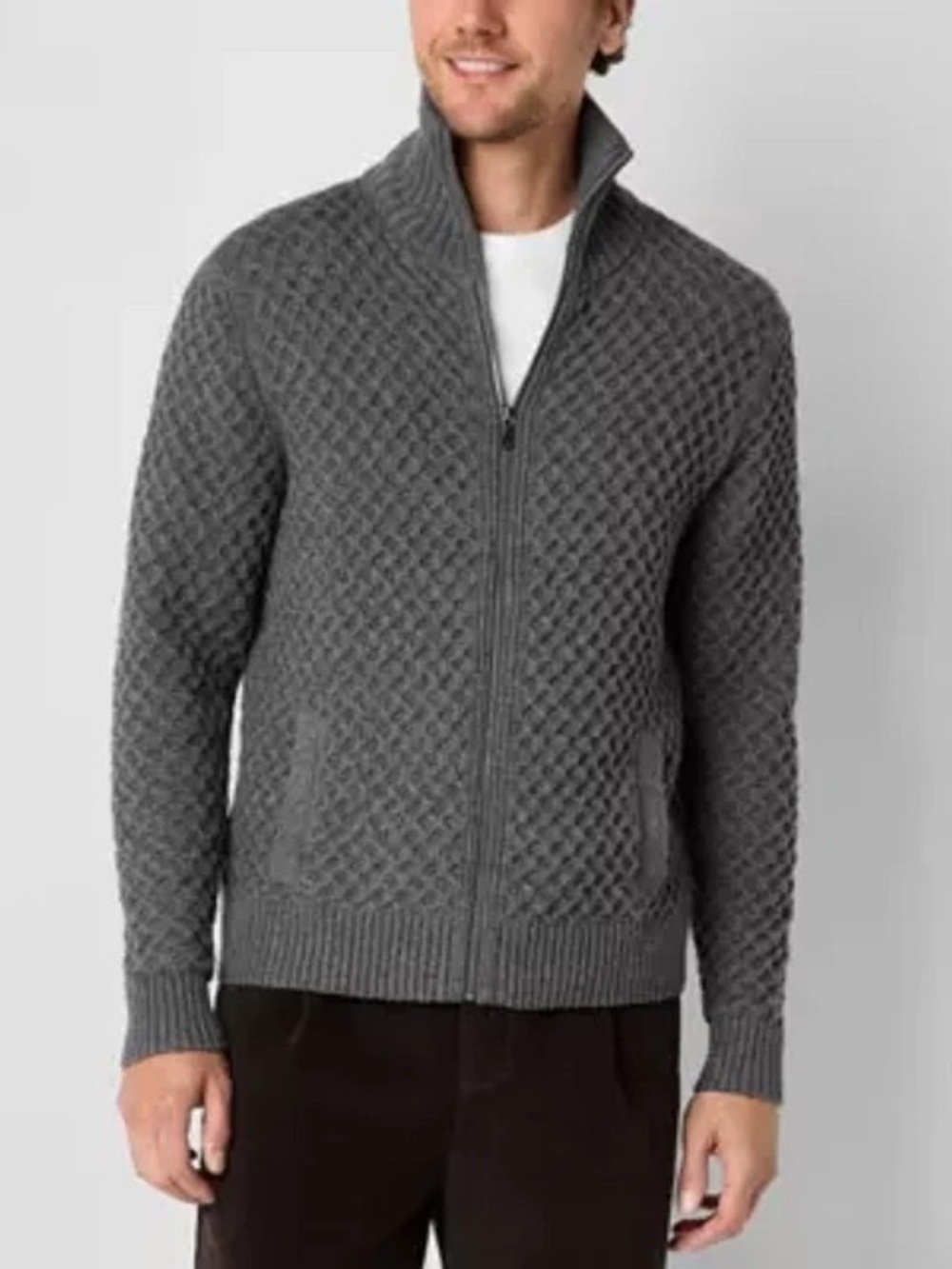 NWT Mutual Weave Cotton Wool Cardigan Sweater Full Zip Cable Knit Grey Minimal